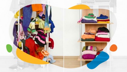 Side by side comparison of a disorganized and organized collection of colorful clothing