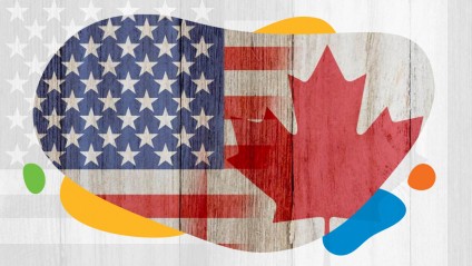 American and Canadian flags superimposed upon wood panels