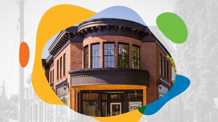 A new brick and glass corner building for lease