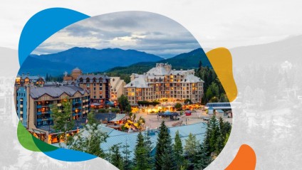 View of multiple hotels at the base of a ski resort