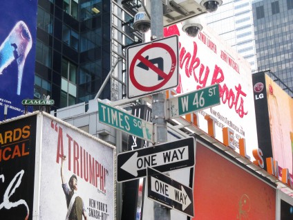 Street signs and show announcements in New York City