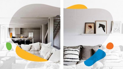 Two photos of couches and living rooms
