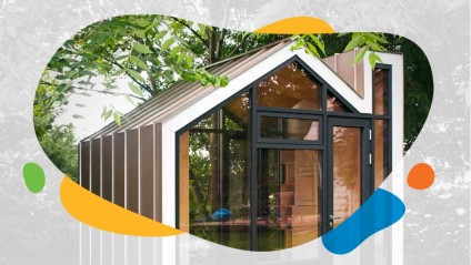 A very tiny house with an all glass front facade