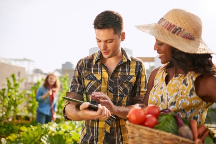 Young couple collects vegetables from urban homestead garden