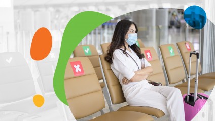 Woman sits at airport wearing mask during COVID-19