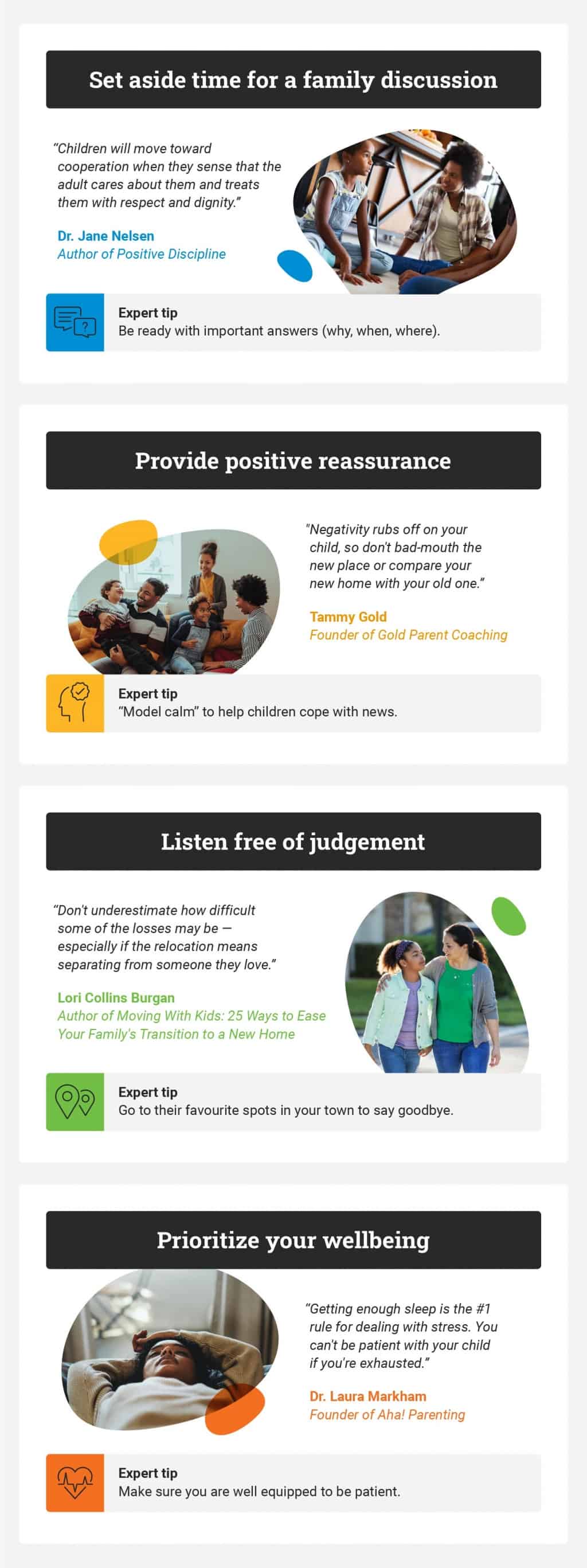 list of tips around how to move with kids as well as quotes from experts and images of parents comforting their kids