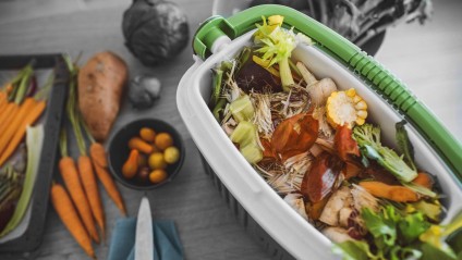 close up of a table with a compost bin full of vegetables corn and other materials