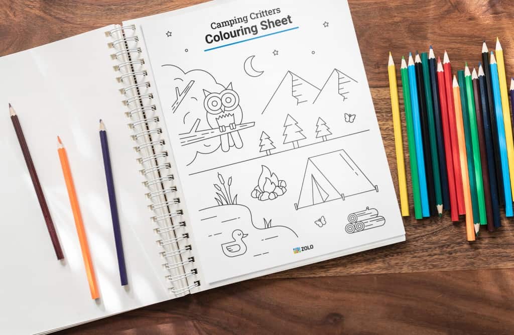 printable camping critters colouring sheet with an owl mountains and other camping illustrations