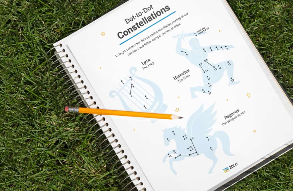 printable constellation connect the dot activity sheet for kids to do while backyard camping