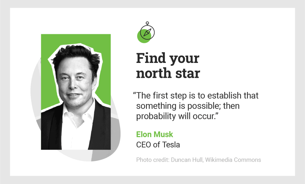 black and white portrait of Elon Musk and his quote on finding your north star