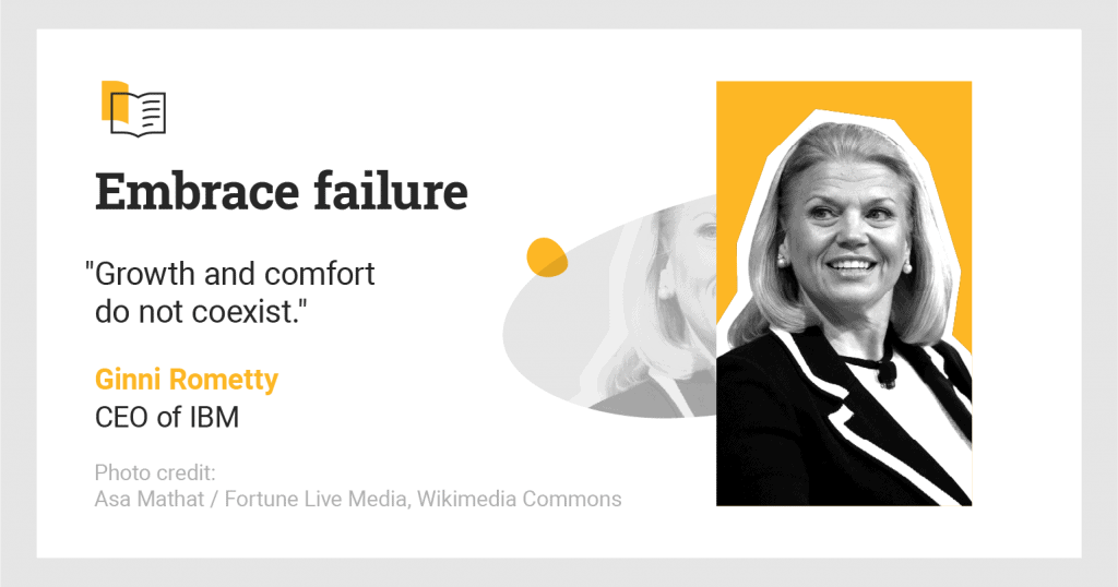black and white portrait of Ginni Rometty and her quote on embracing failure