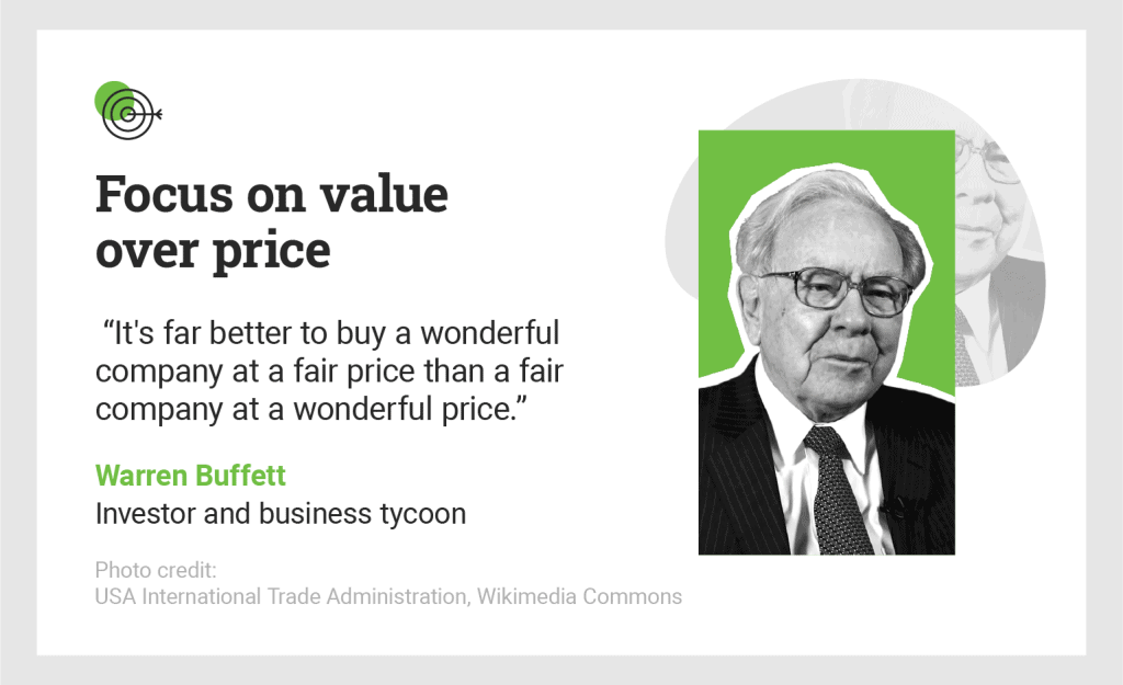 black and white portrait of Warren Buffet and his quote on focusing on value over price