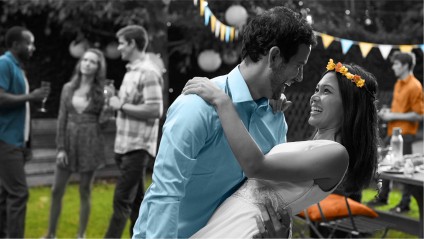 Couple dancing at backyard wedding