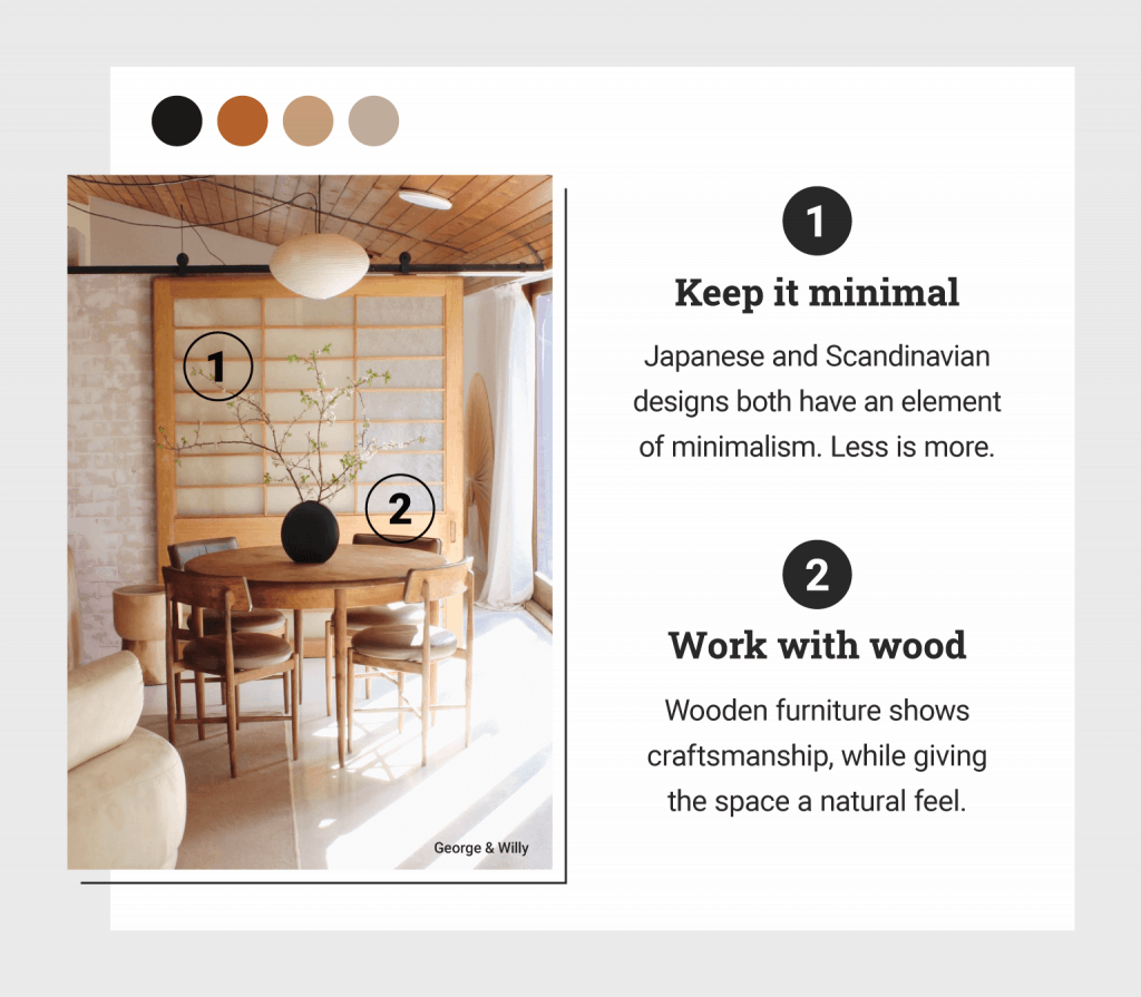 graphic that shows a room that is minimalistic and incorporates wooden elements