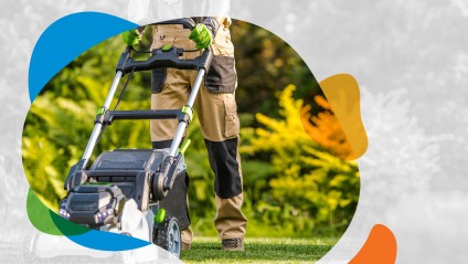 Man uses gas lawn mower