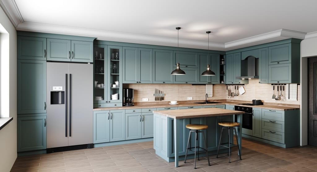 Kitchen in a modern style with a light worktop with sink, stove, oven, kitchen utensils