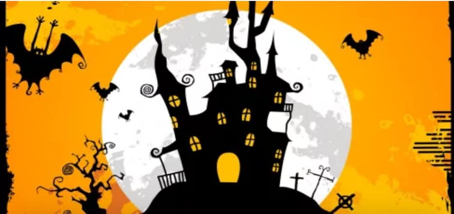 spooky rundown house in front of a full moon with bats flying around