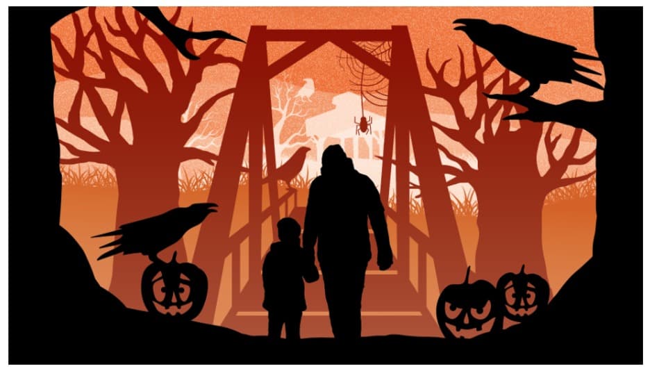 man and child walking towards bridge with eerie aspects