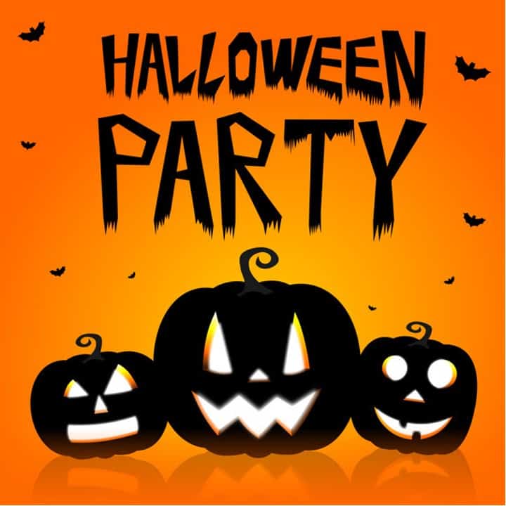poster with orange background, with text Halloween Party  and three spooky carved pumpkins on the bottom
