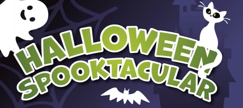 Image with words Halloween Spooktacular and ghosts, cat and bat flying around