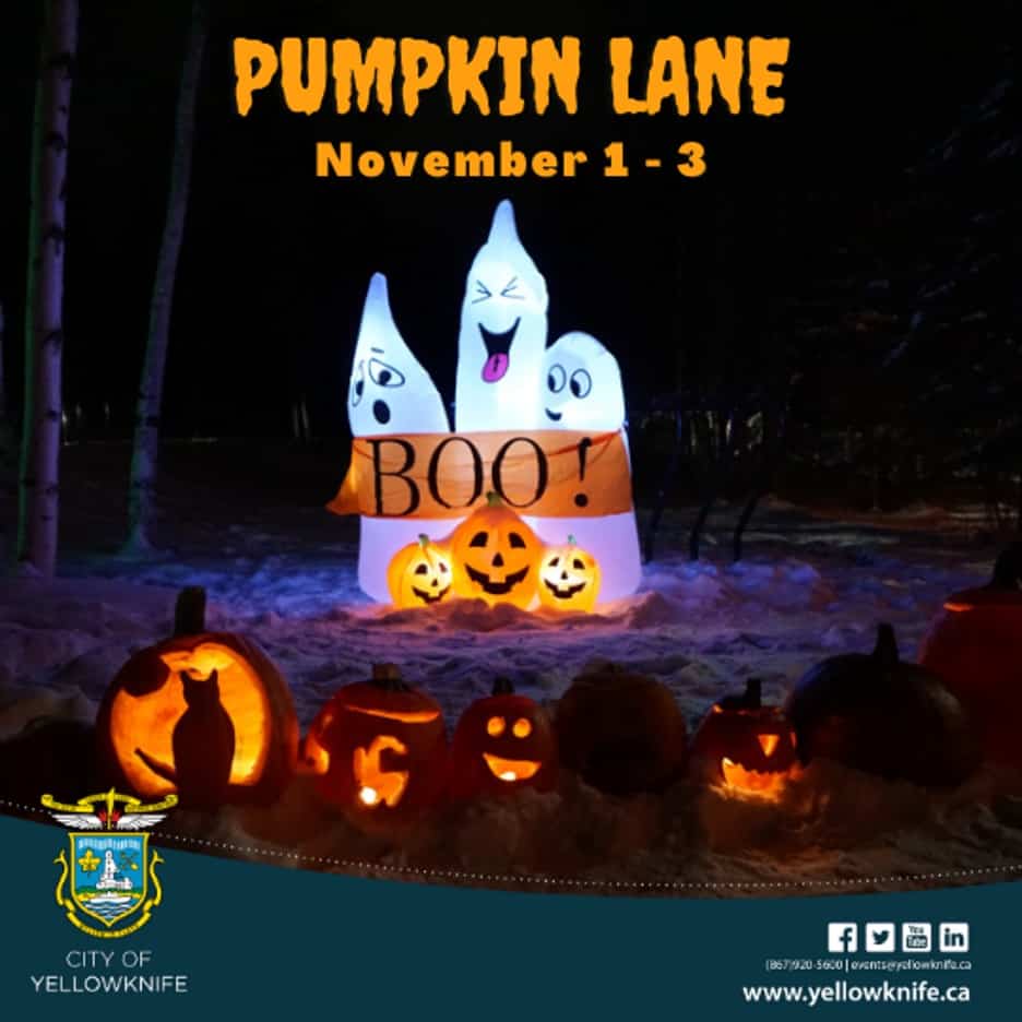 poster announcing event Pumpkin Lane. Blowup ghosts and pumpkins in an eerie forest