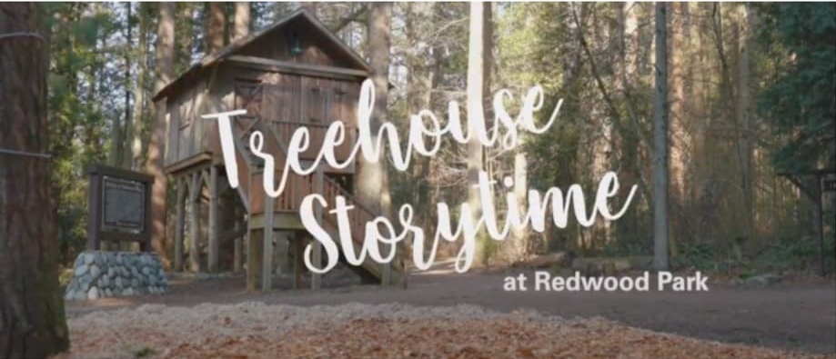 A treehouse in the forest, with words Treehouse Storytime on top