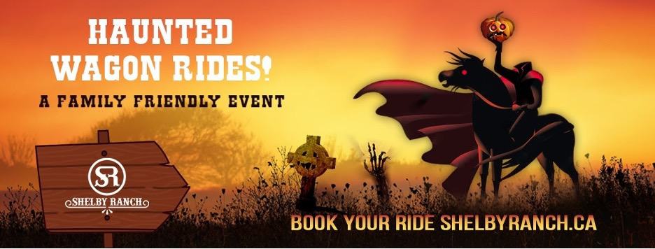 image showing a headless huntsman in a cemetary. Words Haunted Wagon Ride are on the top left